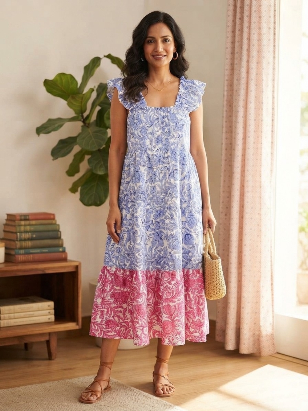 THML Blue and Pink Floral Maxi Dress with Square Neck New Without Label